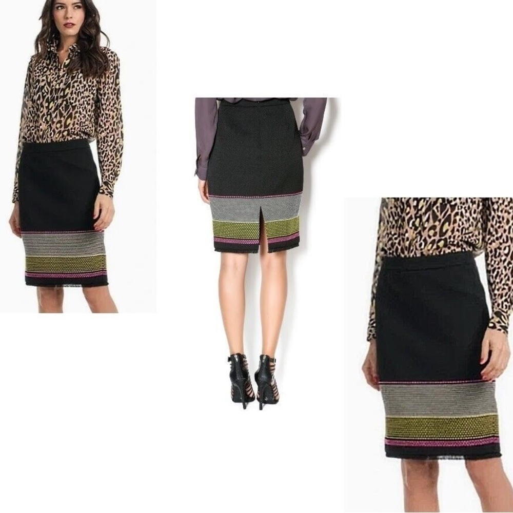Trina Turk Pencil A Line Textured Cotton Wool Blend Black Pink Striped Skirt 2 - Picture 2 of 13